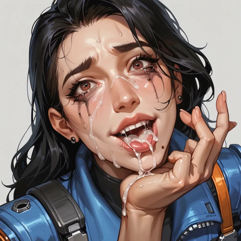 Ana Amari young from Overwatch, in her outfit, pants, sloppy, drooling, look in eyes, happy tears,   satisfyed face, Runny mascara, boobs, sex gestures, so much Cum, cum on face, cum in mouth