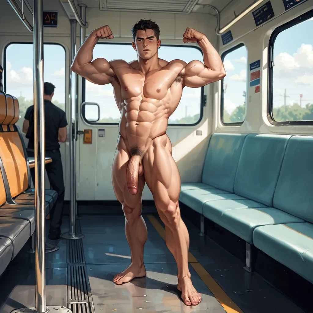 a full naked male bodybuilder standing on the bus,his penis is erected and his hair is green.he is flexing his muscles.his skin is sunburned,his barefoot,there are many female audience