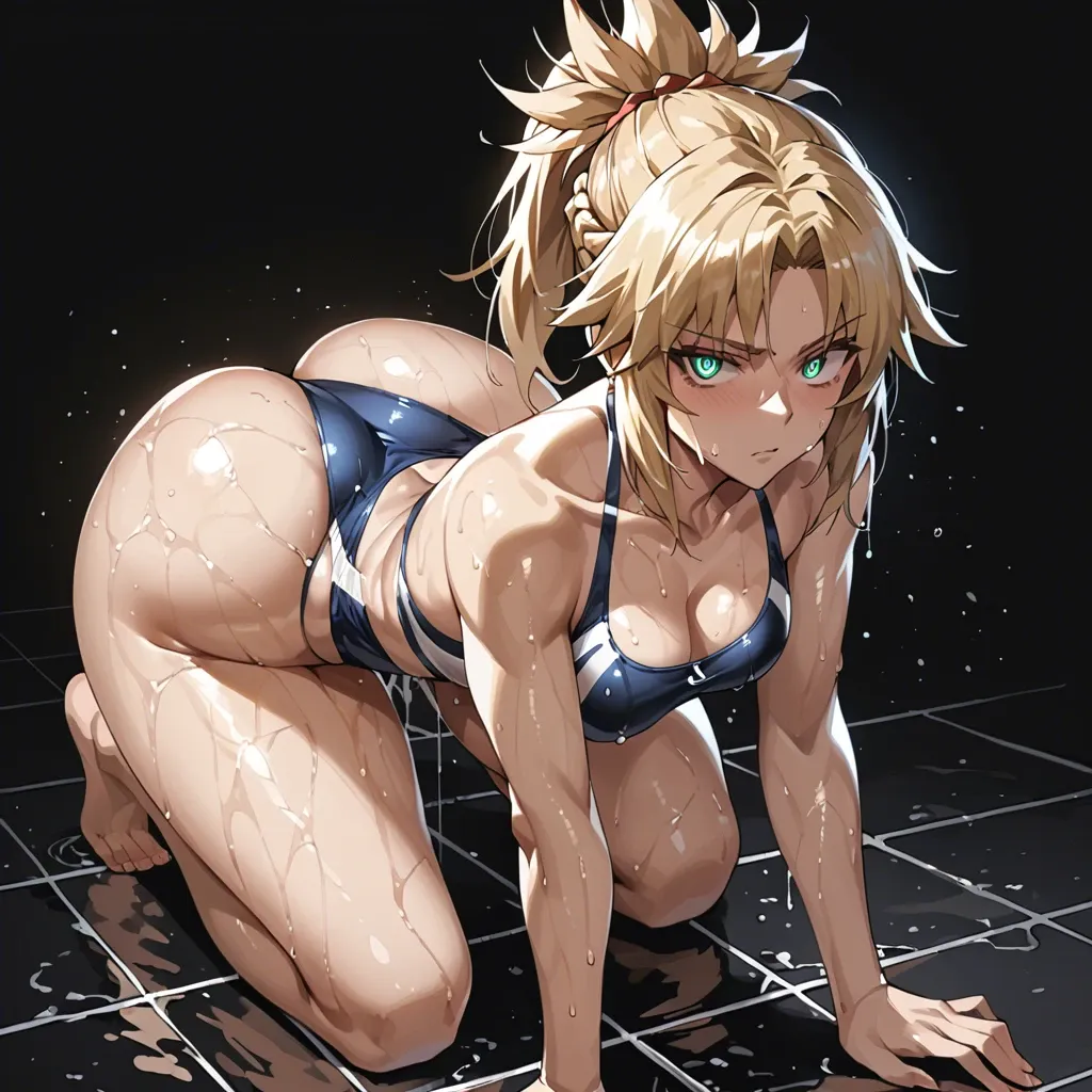 1 girl, mordred (fgo), swimsuit, brilliant eyes, all fours, detailed face, black background, do not show hands, massive ass, High definition, good face, very wet