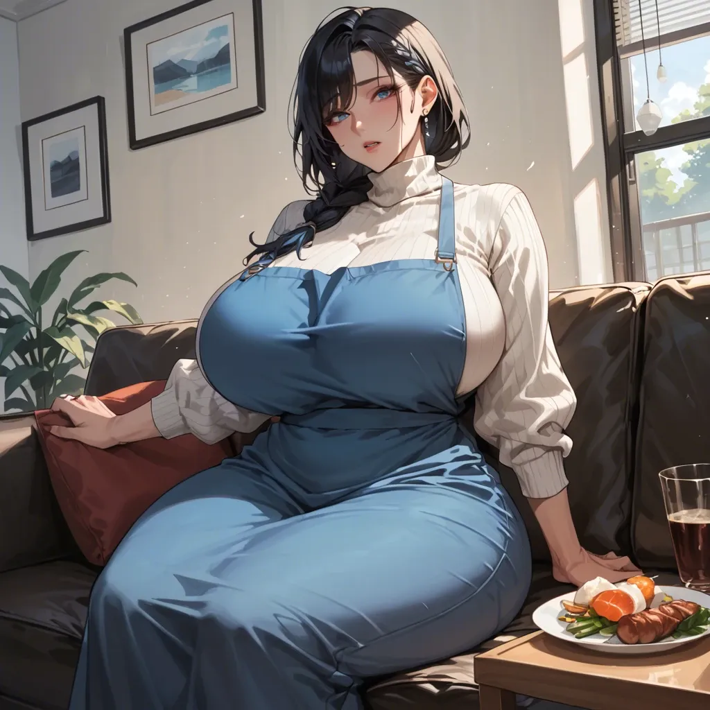 Korean Milf, side braid, black hair, blue eyes, massive breasts, massive hips, white sweater, black long skirt, blue apron, sitting on the sofa, speaking