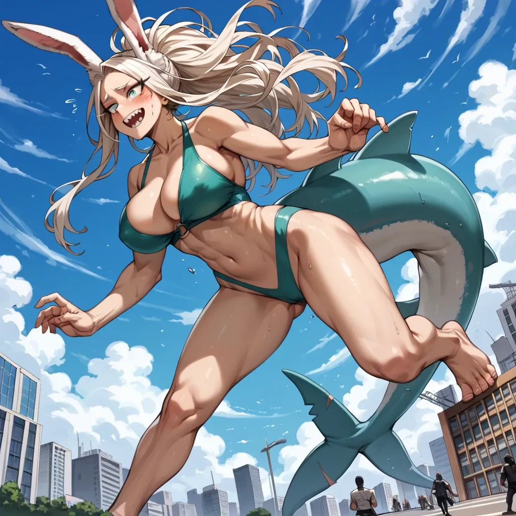 Ippan josei, my hero academia, furry, animal ears, rabbit ears, shark girl, mini giantess, big breasts, blond hair, blush, submissive female, aqua skin, tailless, two-tone skin, barefoot