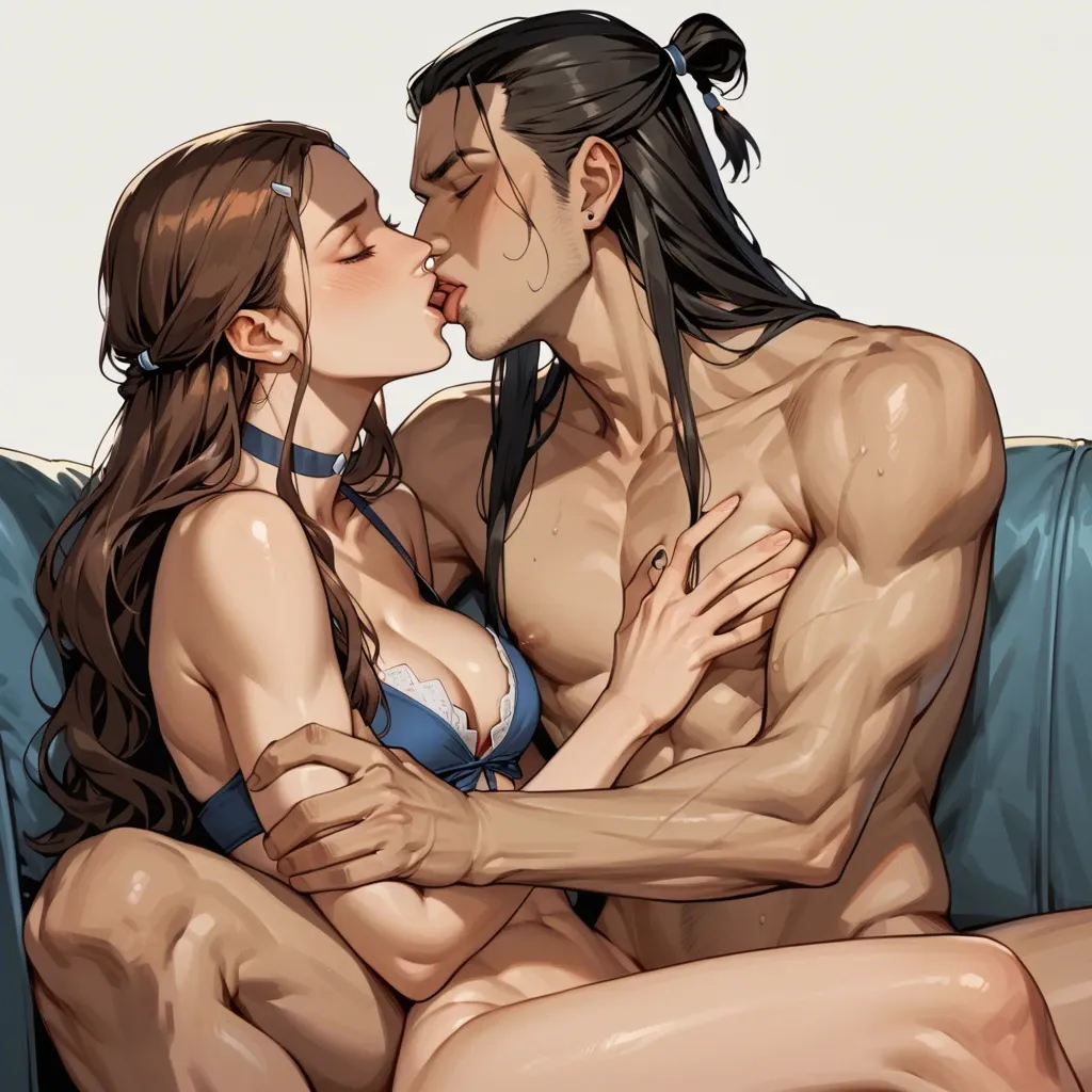 skinny, katara, cleavage, lies with a boy on a couch, kissing