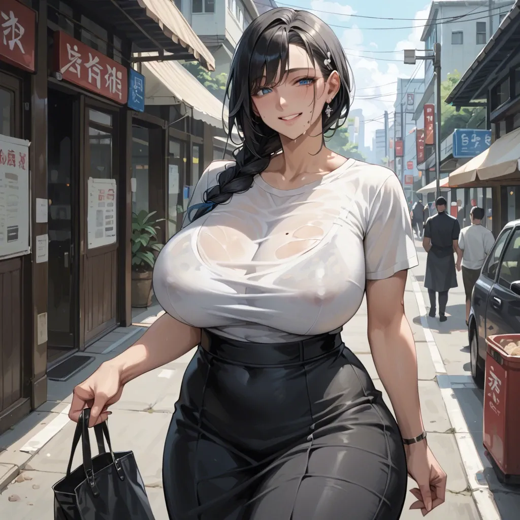 Japanese milf, side braid, black hair,  blue eyes, mole on left cheek, massive breasts, massive hips, white t-shirt, black long skirt, smiling