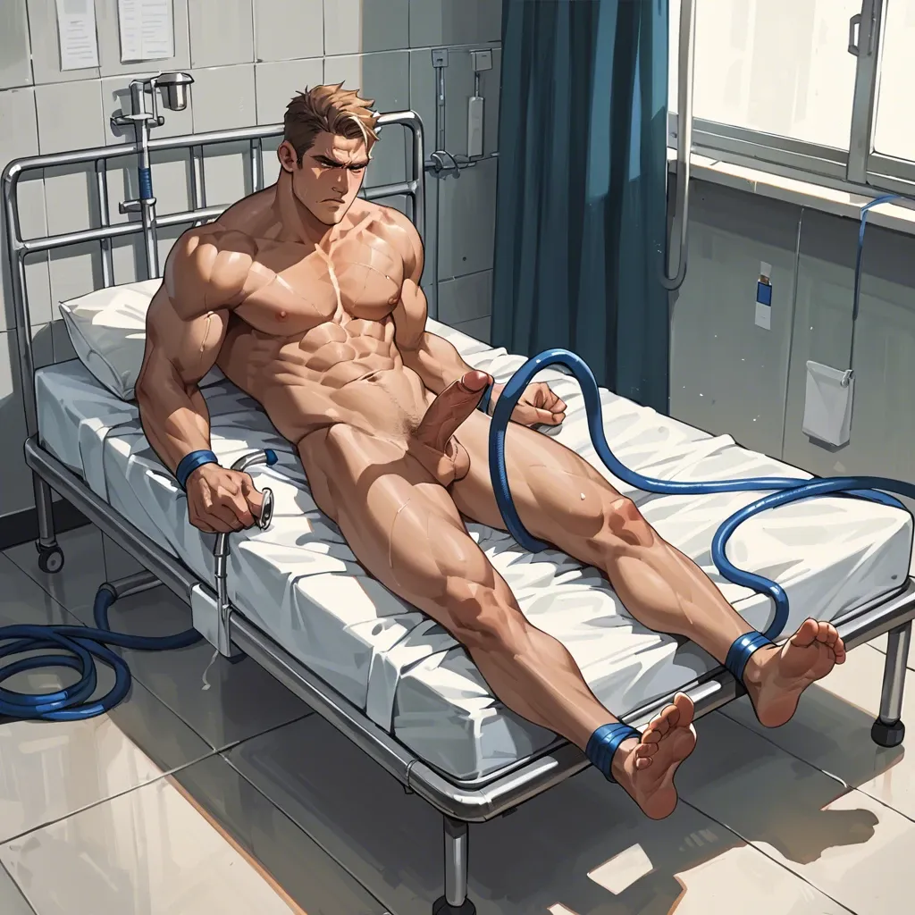 male,muscular,barefoot,full naked,jock,lay down,tired,in a hospital,restrained on a bed,erect,ejaculate,angry,sperm draining device,hose injection