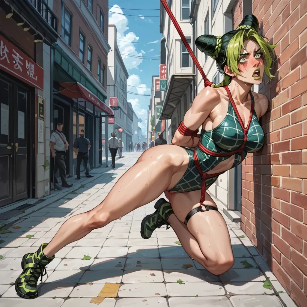 jolyne kujo naked embarrassed scared blushing full body in public leg up bondage rope