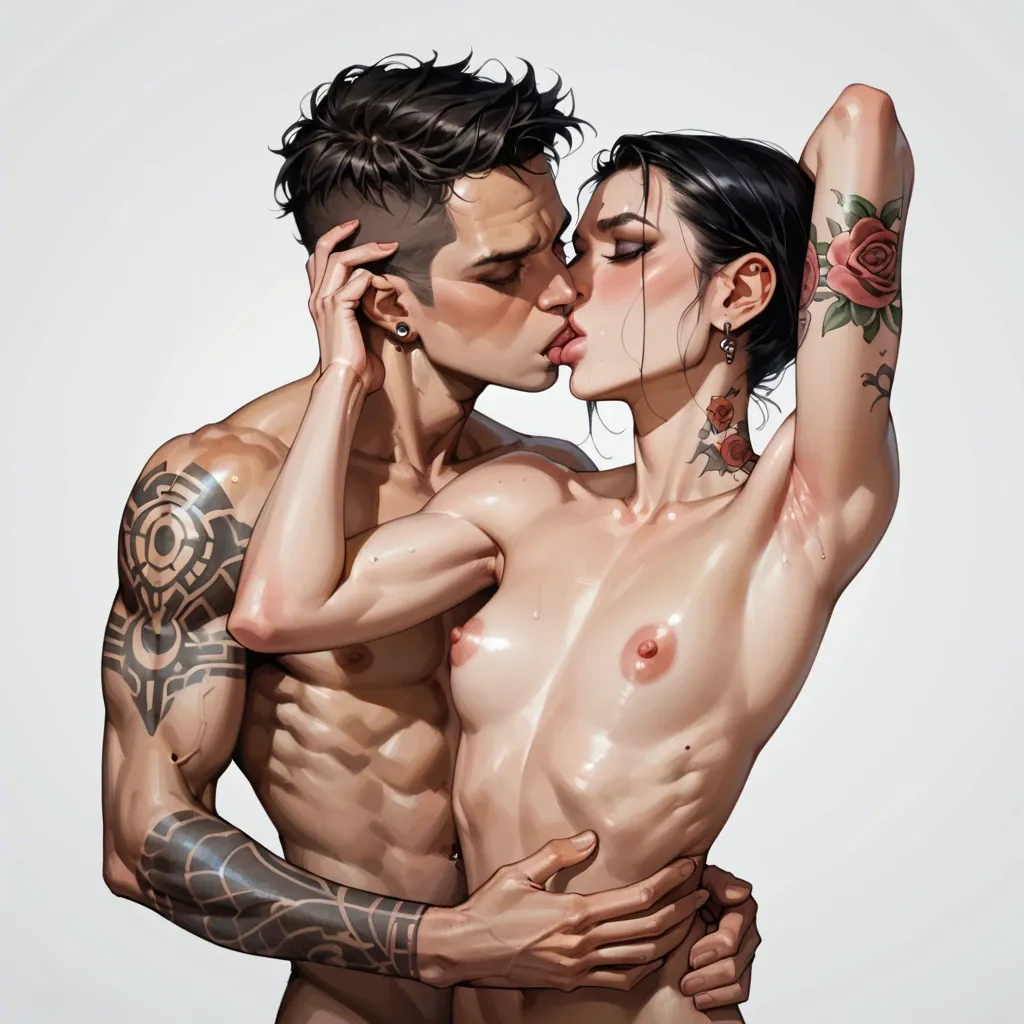 1girl,1boy, , , , strong jaw,arm up,flat chest,relationship,skinny male, lips,arms tattooed,big breasts,hip bones,kissing neck, hand in mouth,showing feet,perky breasts,waist grab,robot joints, bathrobe,striped skirt,dangly earrings,black lace bra,sandals, underskirt,leg warmers,dangly earrings,black lace bra,brown boots, waterfall, cyberpunk, computers, princess zelda