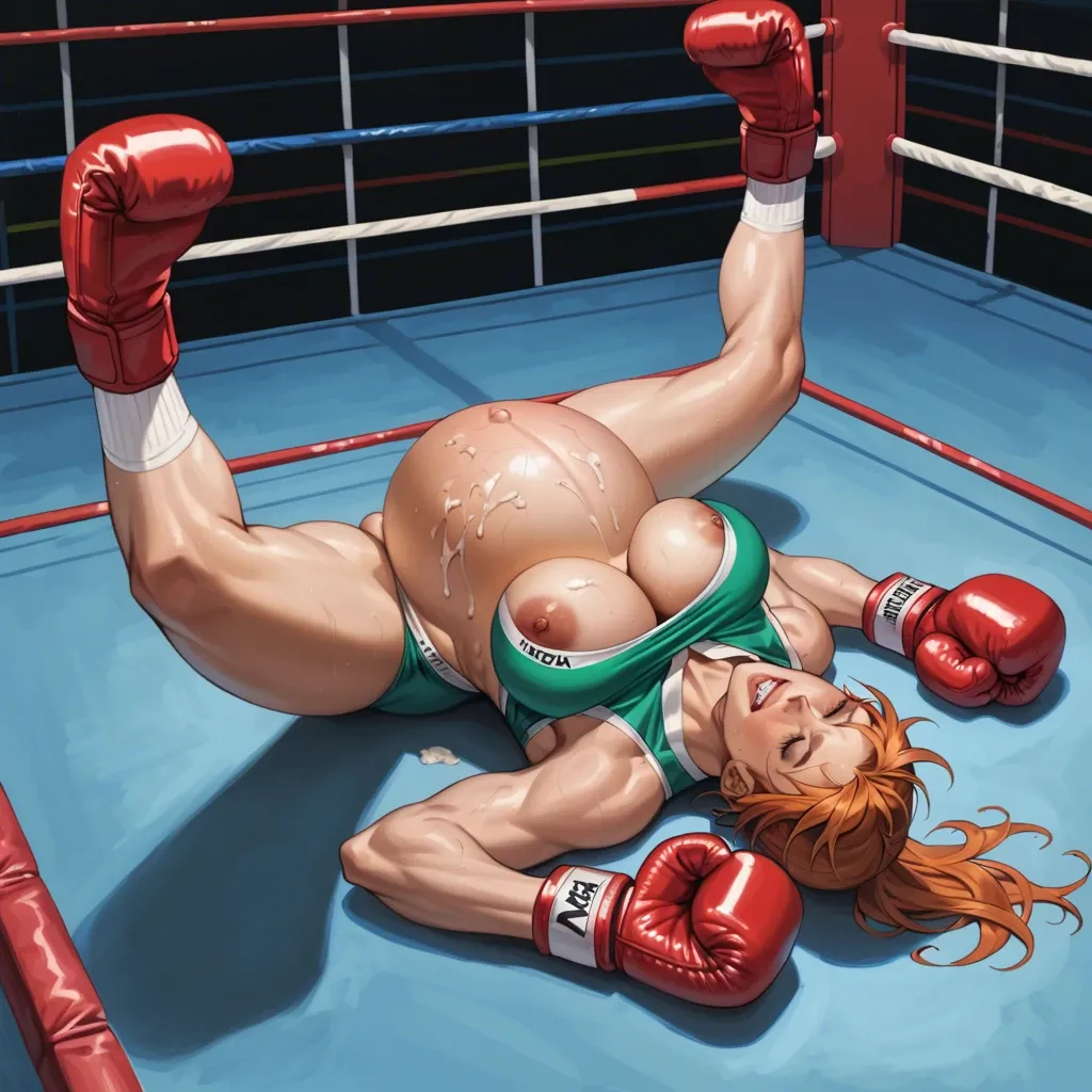 pregnant Nami, wear boxing uniform, cum on belly, in boxing ring, lay down, pass out, closed eyes, labor pain