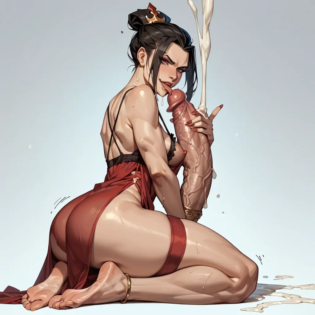 Azula, side view, licking cock, giant cock, trembling penis, cock ring, huge cumshot, cum covered, seductive smirk, anklet, athletic thighs, thigh band, sexy nightgown, ass and soles view