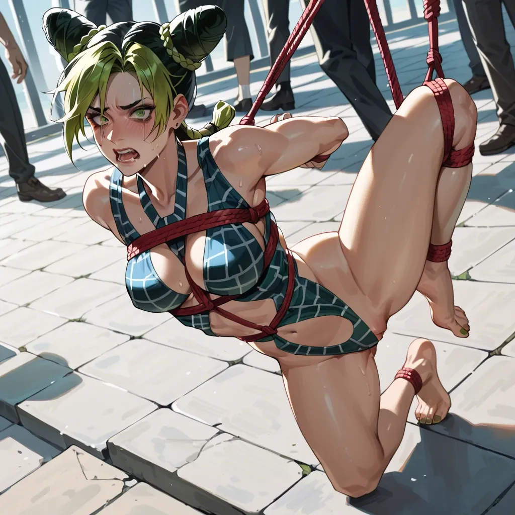 jolyne kujo naked embarrassed scared blushing full body in public leg up bondage rope