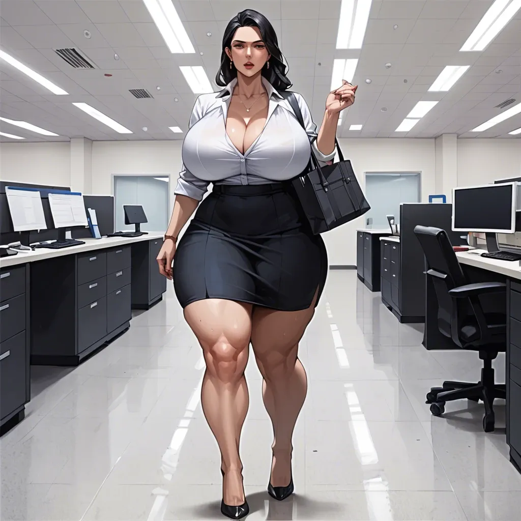 Huge ass, wide hips, thick thighs, massive breasts, breasts bigger than head, milf, black hair, office Lady, skirt, futanari, huge cock, huge balls, flaccid, huge bulge, walking through office, full body view