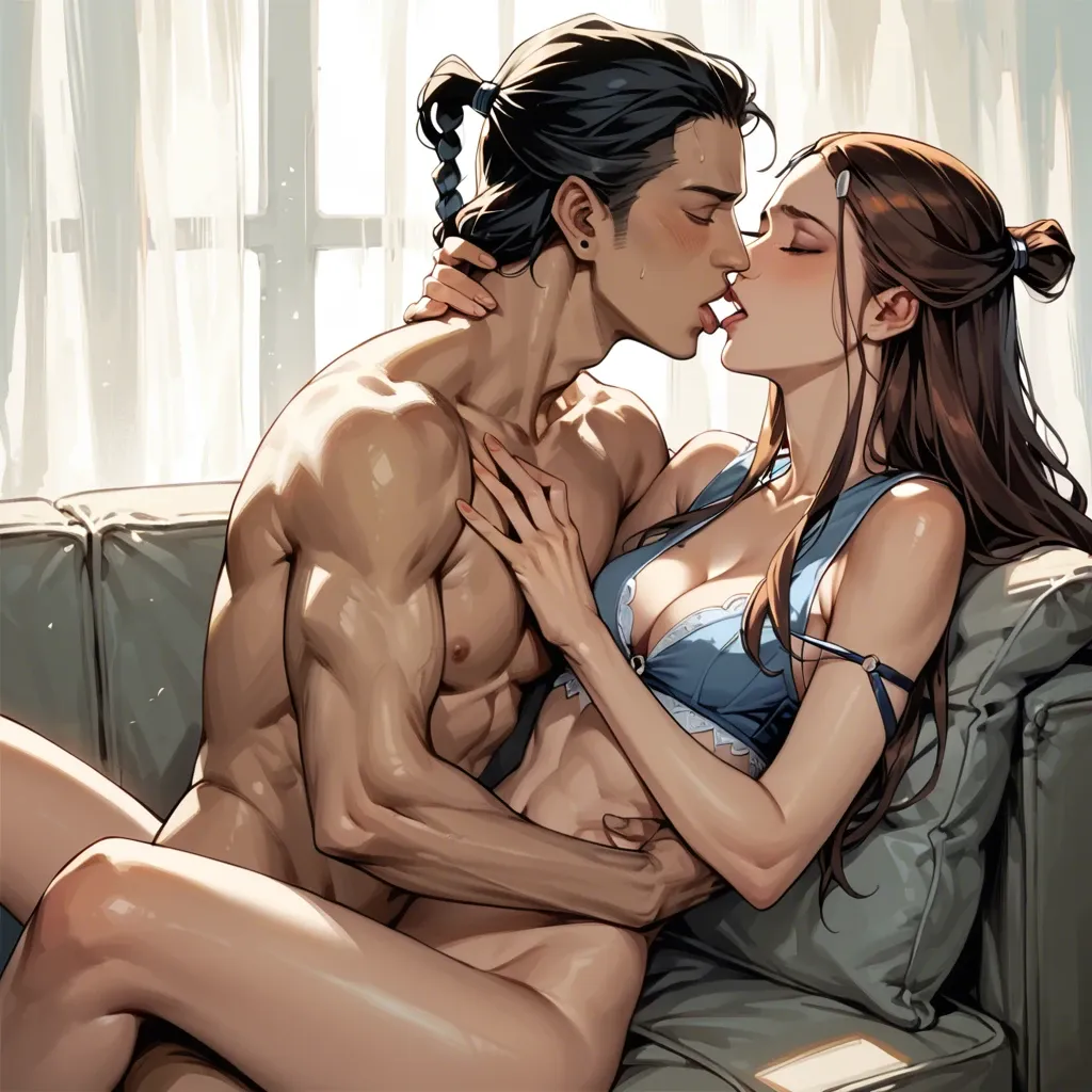 skinny, katara, cleavage, lies with a boy on a couch, kissing