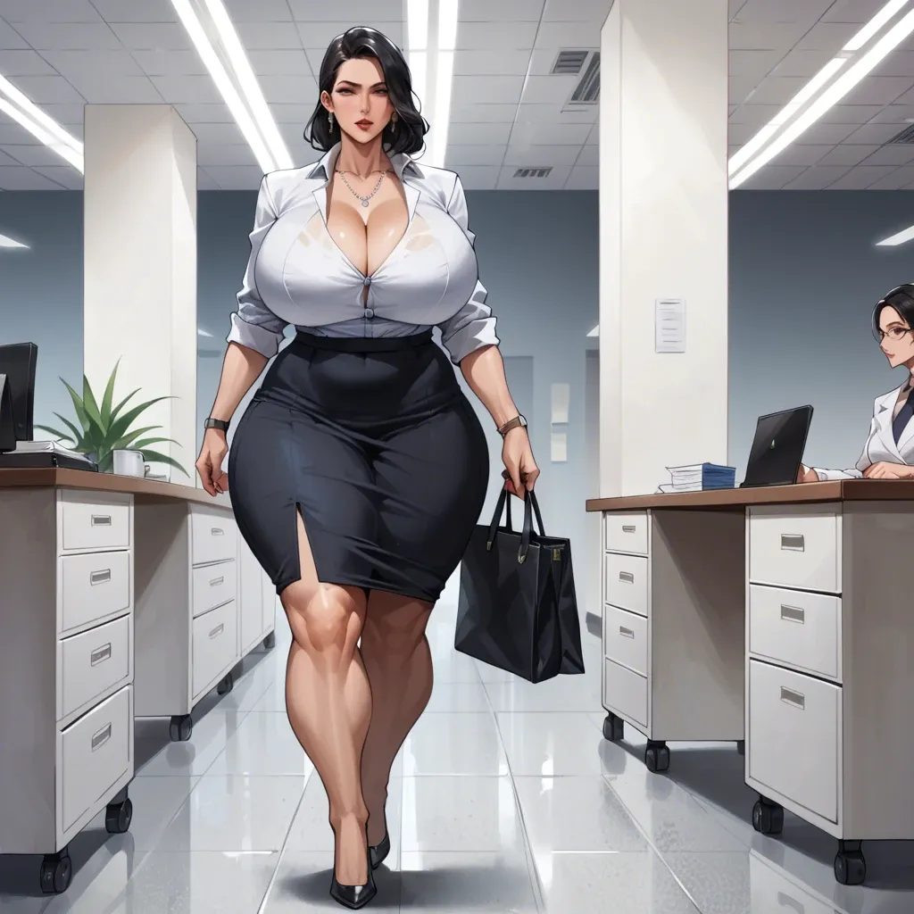 Huge ass, wide hips, thick thighs, massive breasts, breasts bigger than head, milf, black hair, office Lady, skirt, futanari, huge cock, huge balls, flaccid, huge bulge, walking through office, full body view