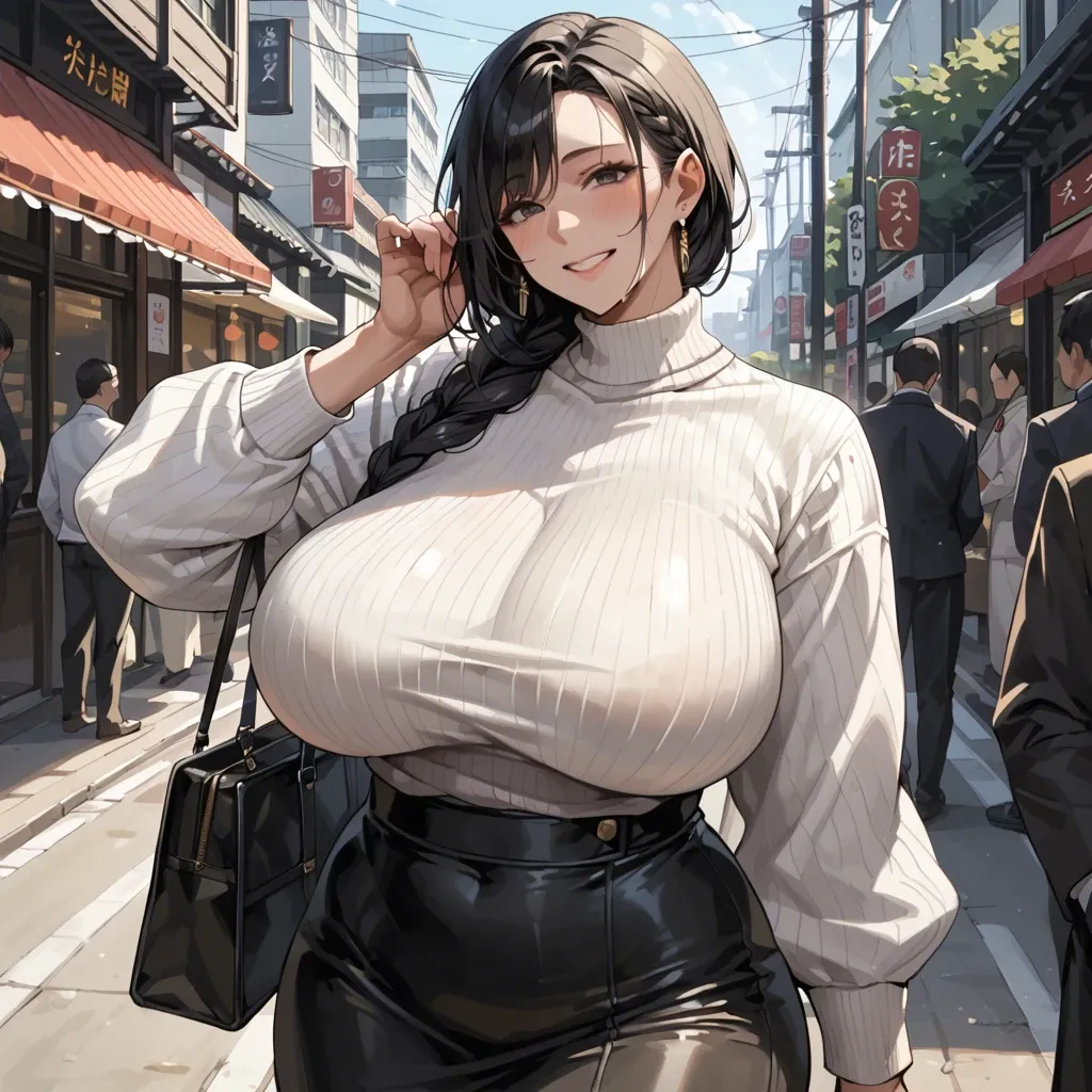 Japanese Milf, side braid, black hair, black eyes, massive breasts, massive hips, white sweater, black long skirt, smiling