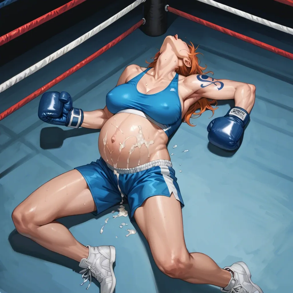 pregnant Nami, wear boxing uniform, cum on belly, in boxing ring, sit on, from above angle, head back