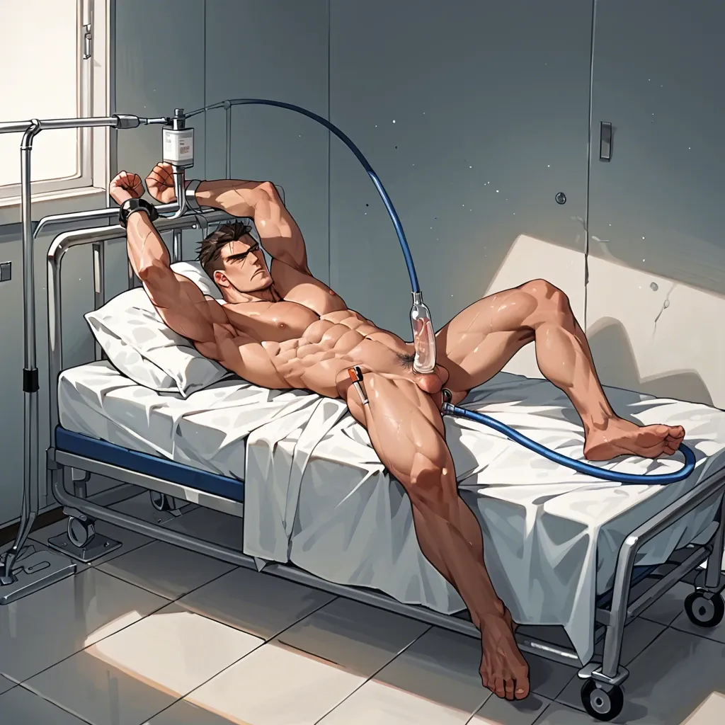 male,muscular,barefoot,full naked,jock,lay down,tired,in a hospital,restrained on a bed,erect,ejaculate,angry,sperm draining device,hose injection