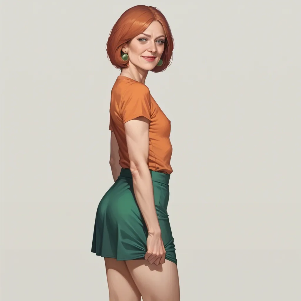 realistic realistic,full detailed,accurate,lois griffin,mature,flat chest,petite,skinny,slim,cleft of venus,shy,shirt,upskirt,seductive smile,rear view,side view