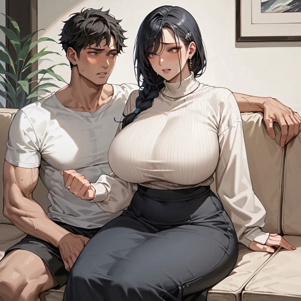 Korean Milf, side braid, black hair, blue eyes, massive breasts, massive hips, white sweater, black long skirt, embarrass, looking at other side, sitting on sofa