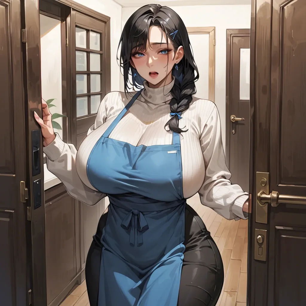 Korean Milf, side braid, black hair, blue eyes, massive breasts, massive hips, white sweater, black long skirt, blue apron, by the door