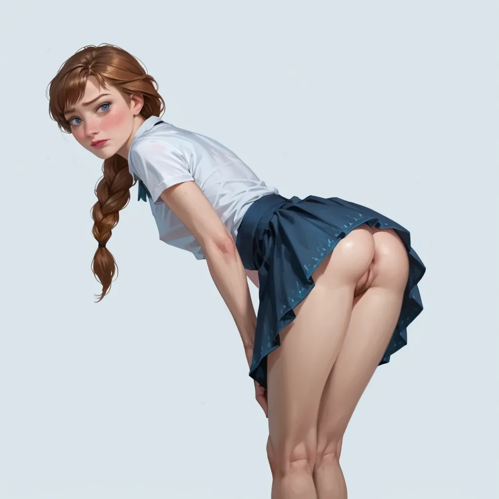 realistic realistic view,full detailed,accurate,Anna from Frozen,mature,flat chest,petite,skinny,slim,hairy cleft of venus,shy,shirt,upskirt,shy,bent over,rear view