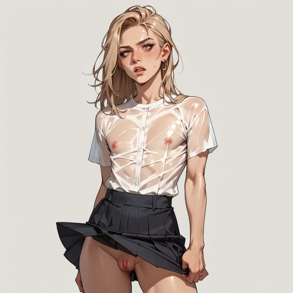 Femboy With a standing member in a skirt and a transparent shirt