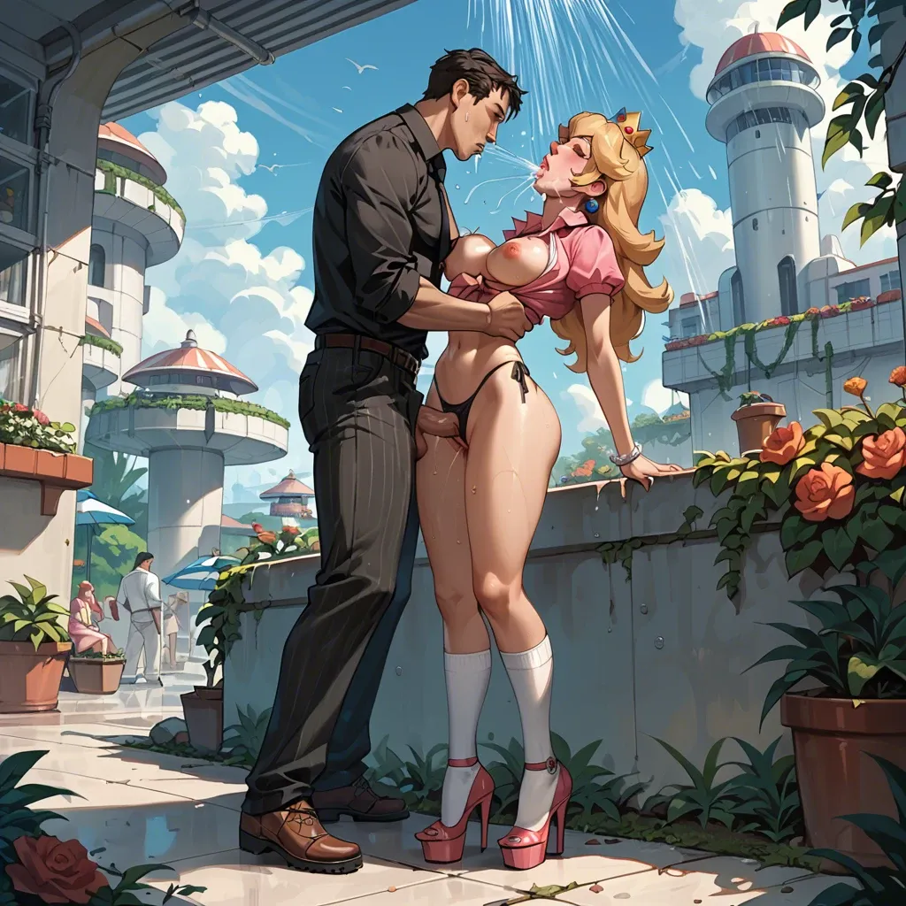 1girl,1boy, , , , catching,thighs gap,round tits,pec grabbing,throat bulge, tied shirt,socks,black tie,low rise thong,platform heels, showering, outdoor garden, spaceship, princess peach, anna, rapunzel waifu