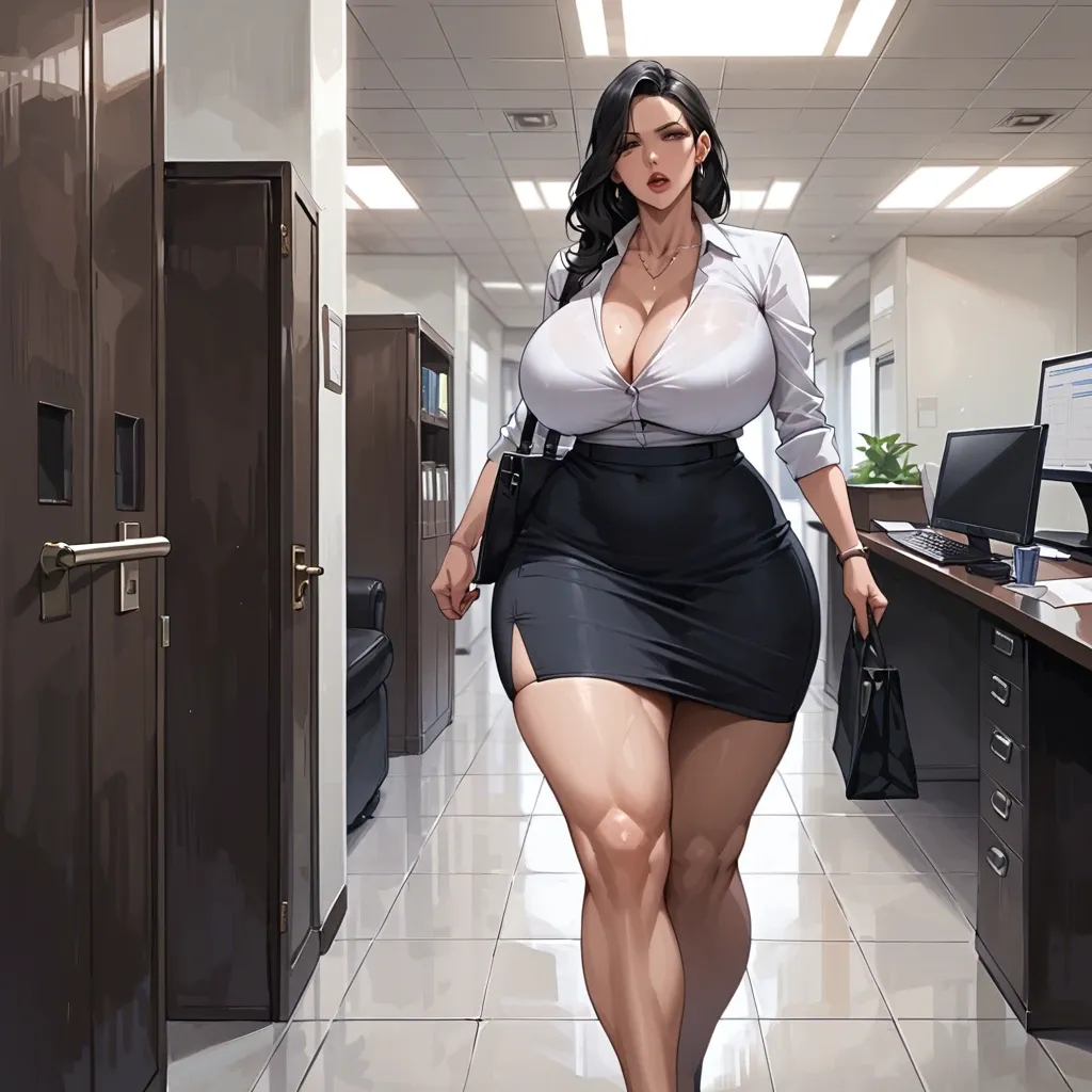 Huge ass, wide hips, thick thighs, massive breasts, breasts bigger than head, milf, black hair, office Lady, skirt, futanari, huge cock, huge balls, flaccid, huge bulge, walking through office