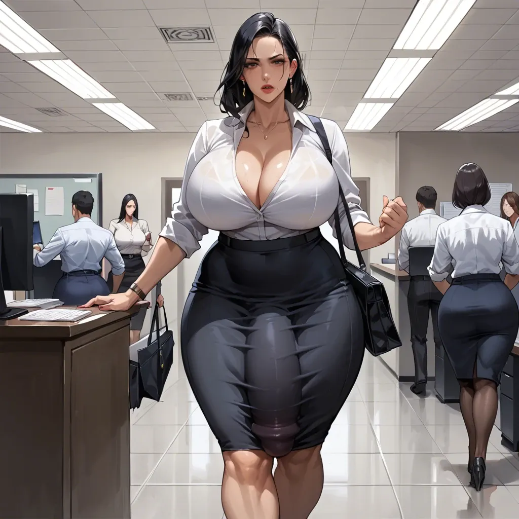 Huge ass, wide hips, thick thighs, massive breasts, breasts bigger than head, milf, black hair, office Lady, skirt, futanari, huge cock, huge balls, flaccid, huge bulge, walking through office