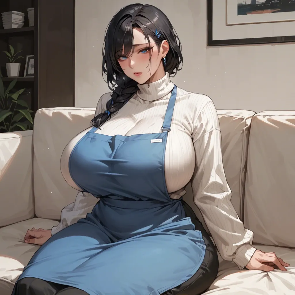 Korean Milf, side braid, black hair, blue eyes, massive breasts, massive hips, white sweater, black long skirt, blue apron, sitting on the sofa, speaking