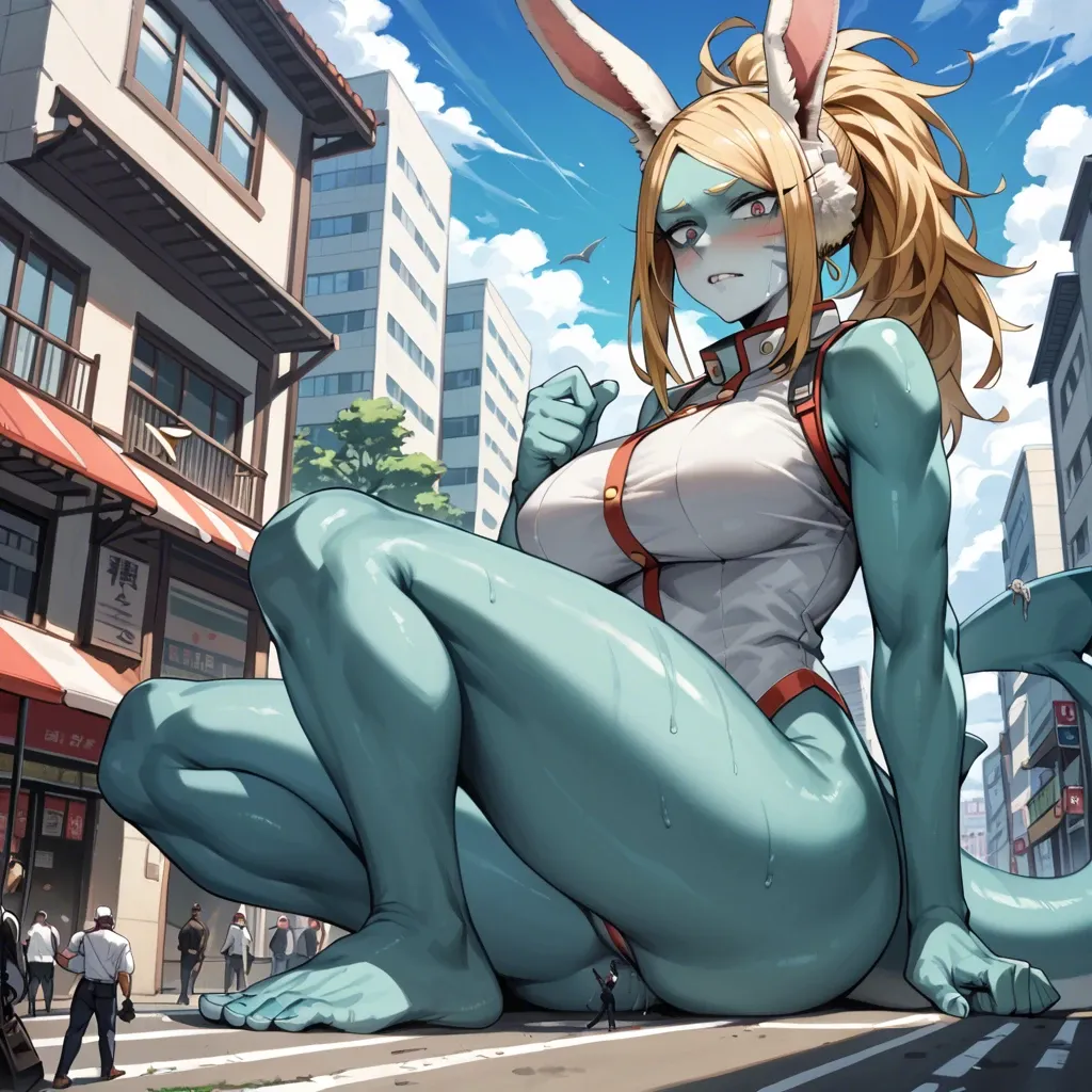 Ippan josei (my hero academia), furry, anthro, animal ears, rabbit ears, shark girl, mini giantess, big breasts, blond hair, blush, submissive female, aqua skin, tailless, two-tone skin, barefoot, bedroom, room filling, outgrowing, cracked room