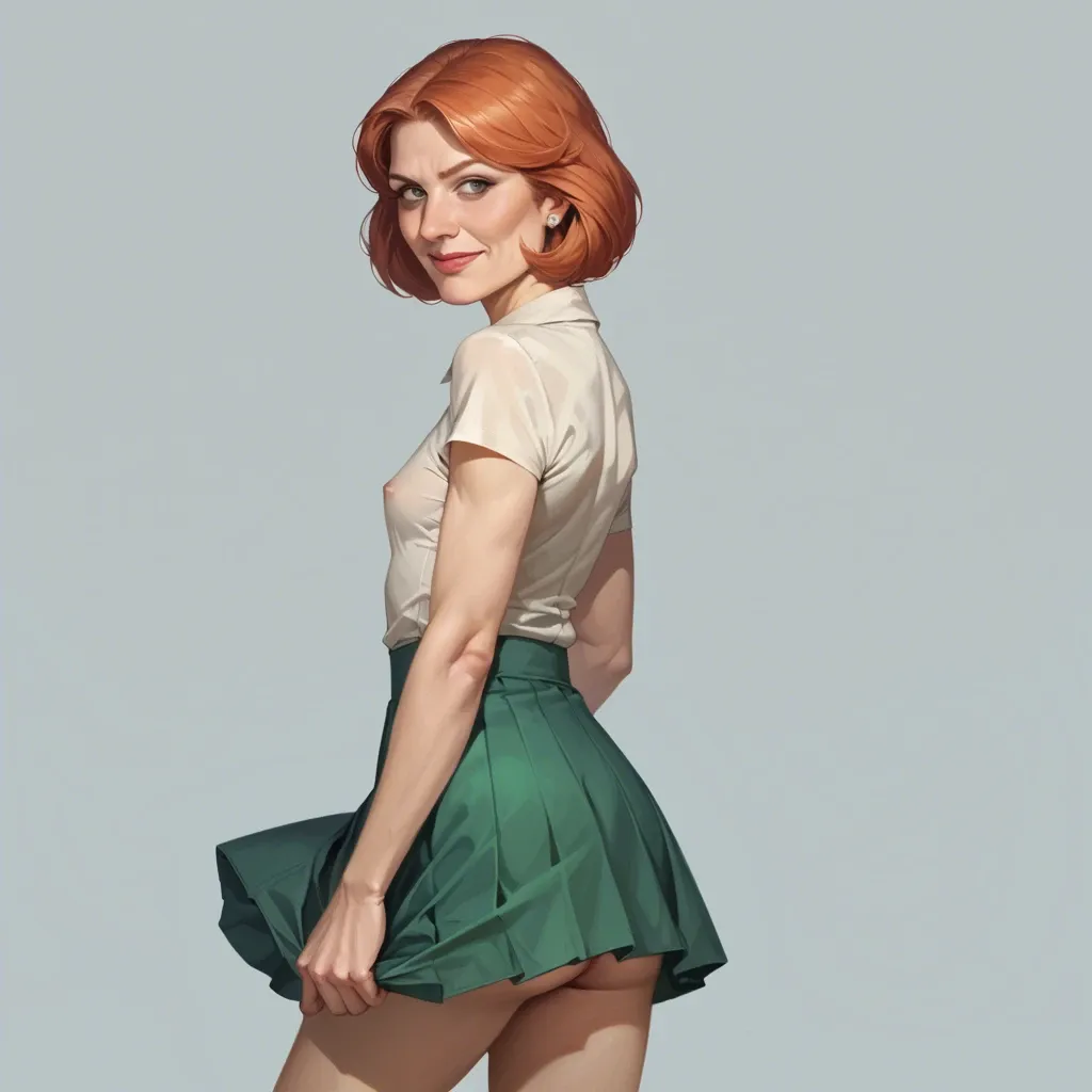 realistic realistic,full detailed,accurate,lois griffin,mature,flat chest,petite,skinny,slim,cleft of venus,shy,shirt,upskirt,seductive smile,rear view,side view