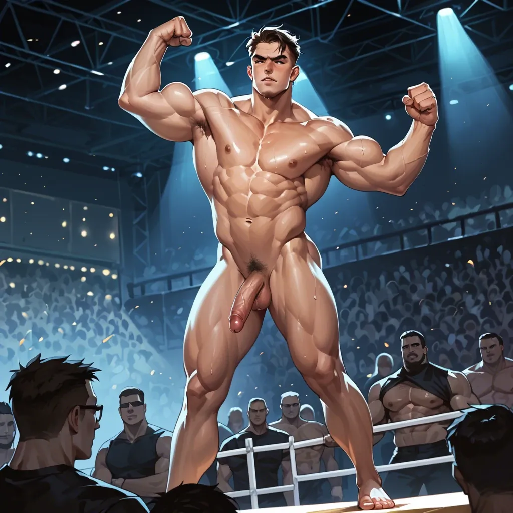 a full naked male bodybuilder standing on the stage,his penis is erected and his hair is green.he is flexing his muscles.his skin is sunburned,his barefoot,there are many female audience