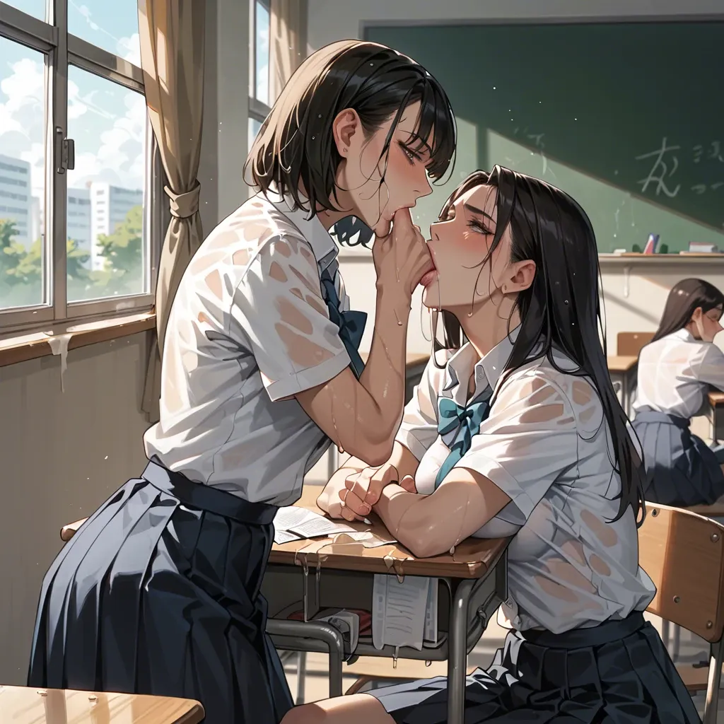 Two schoolgirls, wet,in classroom, sucking teachers cock