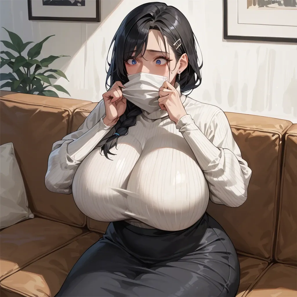 Korean Milf, side braid, black hair, blue eyes, massive breasts, massive hips, white sweater, black long skirt, shocked, covered mouth with hand, sitting on sofa