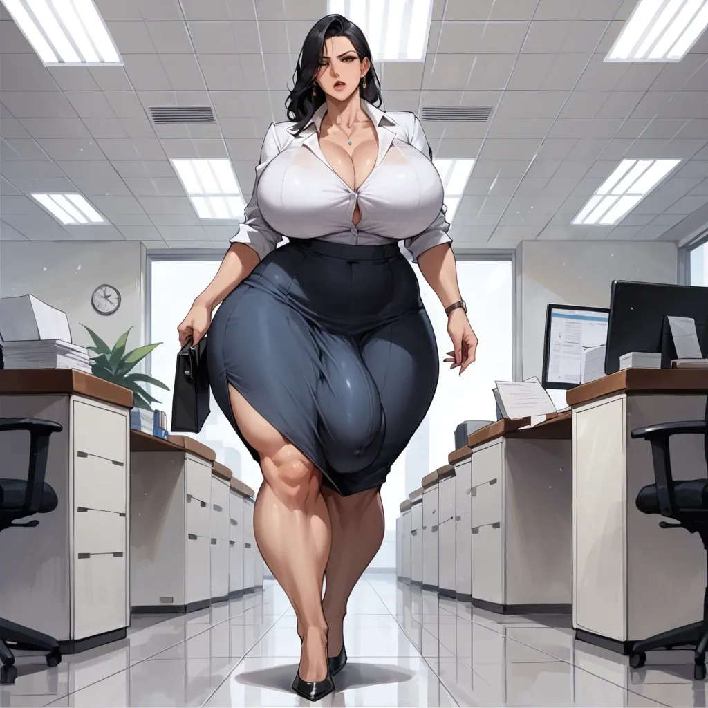 Huge ass, wide hips, thick thighs, massive breasts, breasts bigger than head, milf, black hair, office Lady, skirt, futanari, huge cock, huge balls, flaccid, huge bulge, walking through office, full body view