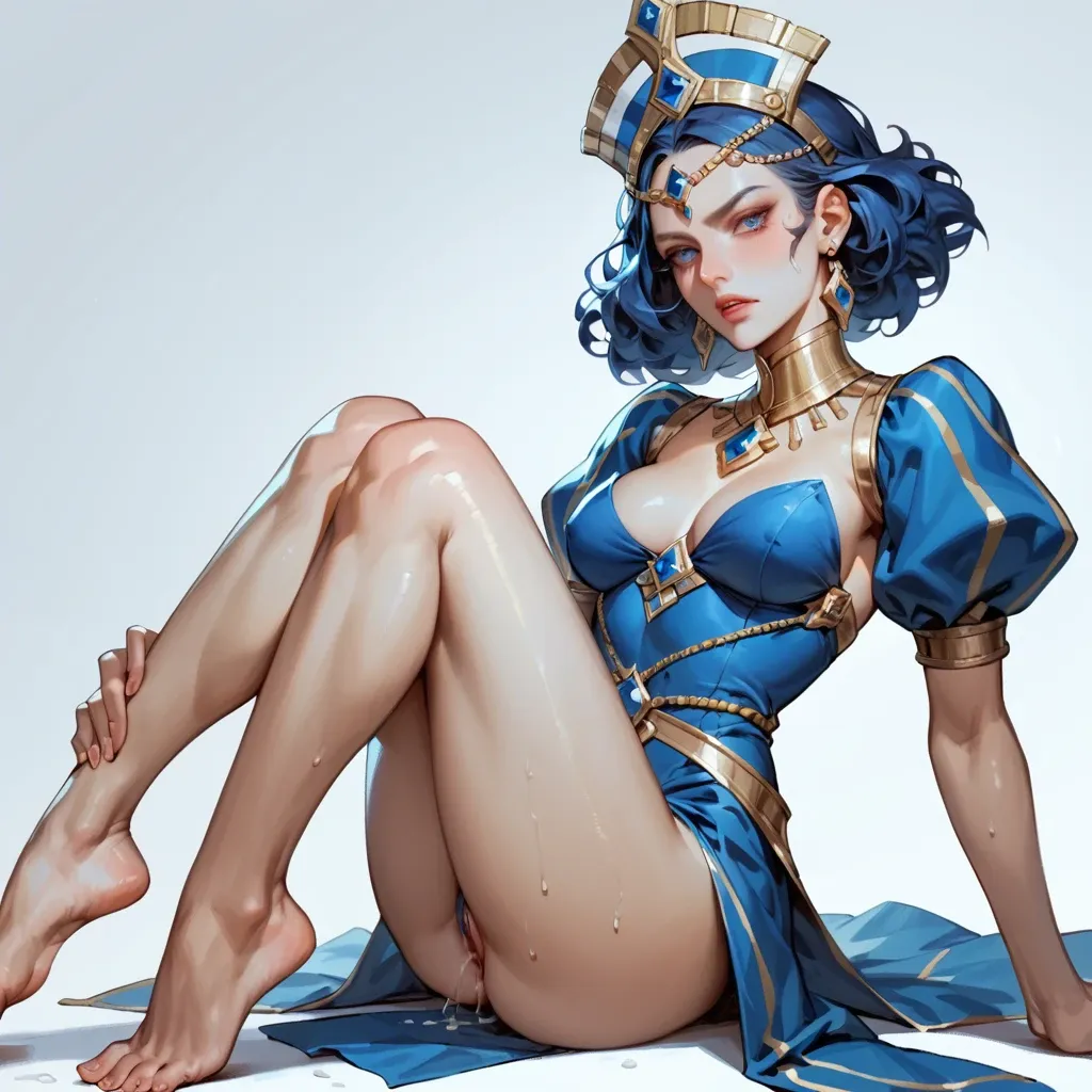 Oketra is a tall, slender woman with blue hair and a gilded headdress with a large sapphire in the center and cat ears on the sides.Oketra wears a blue-violet tunic with gold accents.Lady Oketra she loves when her bare feet are clean and sweaty (fragrant). On the nails are blue nails. Footjob, foot fetish, sexy feet, cum on feet, smile sexy.