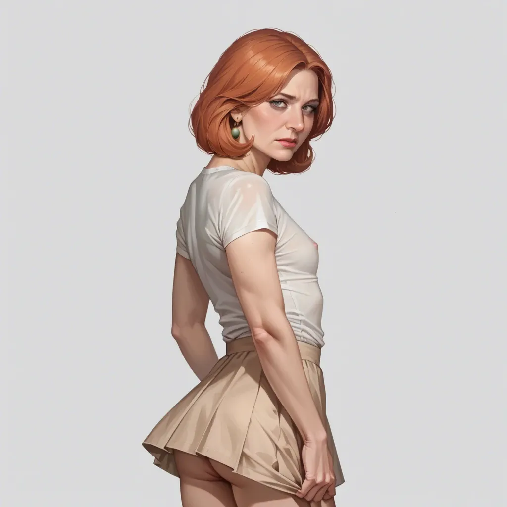 realistic realistic,full detailed,accurate,lois griffin,mature,flat chest,petite,skinny,slim,cleft of venus,shy,shirt,upskirt,shy,rear view,side view