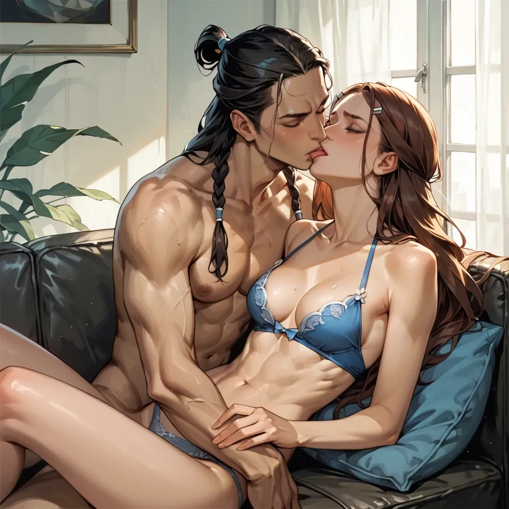 skinny, katara, cleavage, lies with a boy on a couch, kissing neck