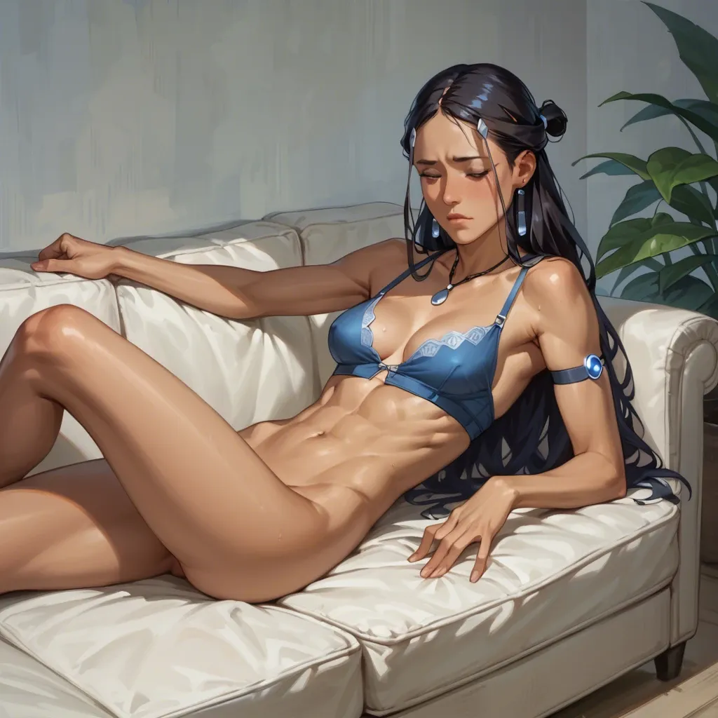 skinny, katara, cleavage, lies with sokka on a couch