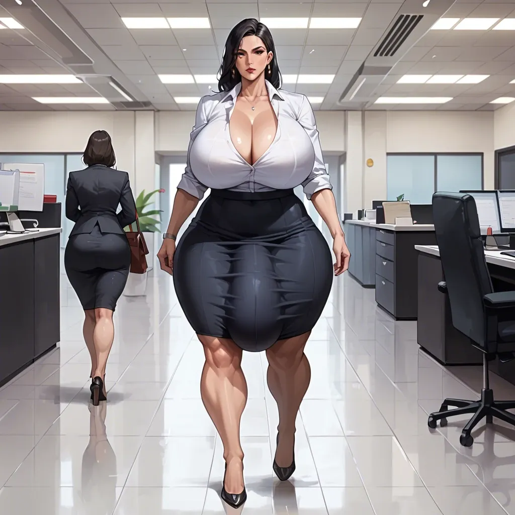 Huge ass, wide hips, thick thighs, massive breasts, breasts bigger than head, milf, black hair, office Lady, skirt, futanari, huge cock, huge balls, flaccid, huge bulge, walking through office, full body view