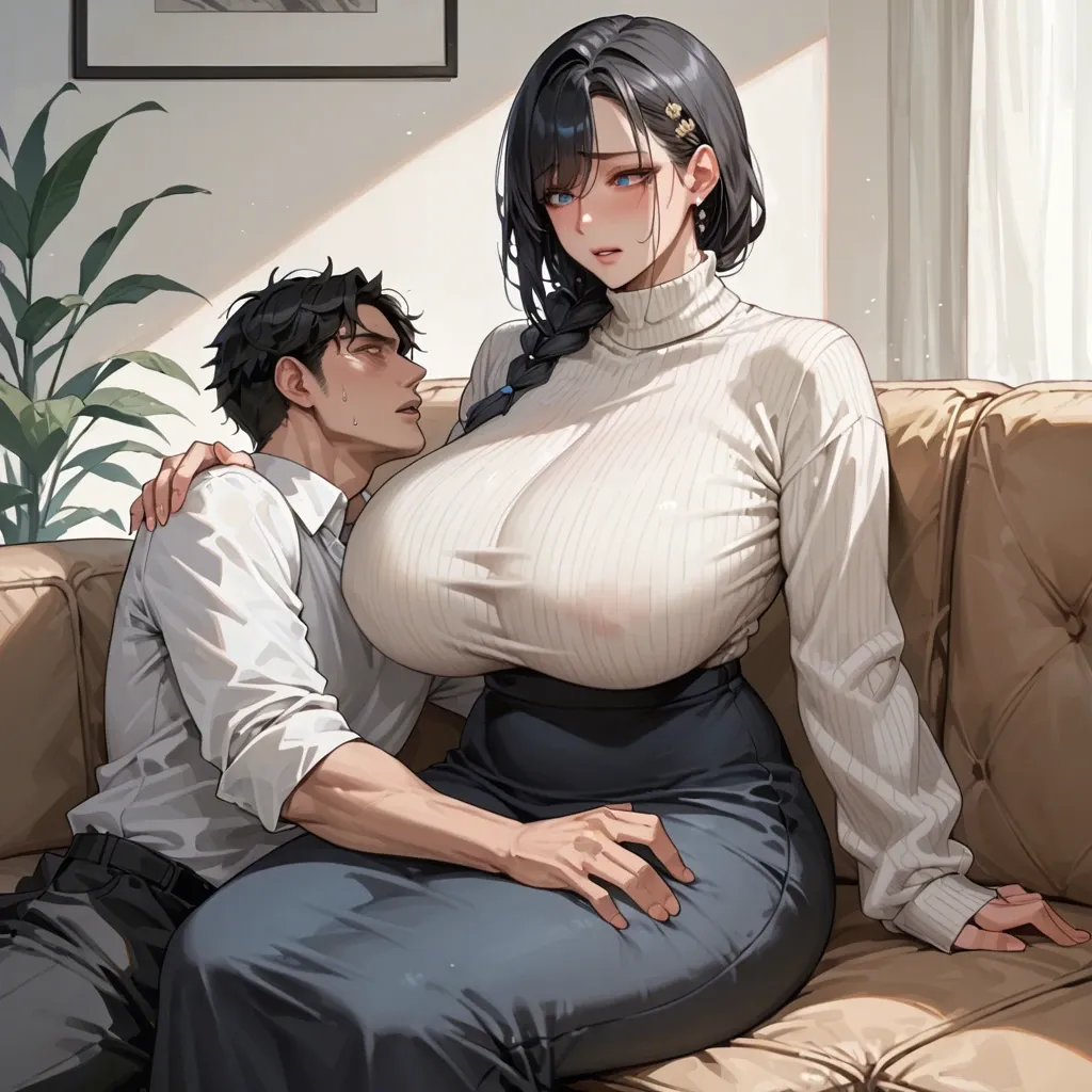 Korean Milf, side braid, black hair, blue eyes, massive breasts, massive hips, white sweater, black long skirt, embarrass, looking at other side, sitting on sofa