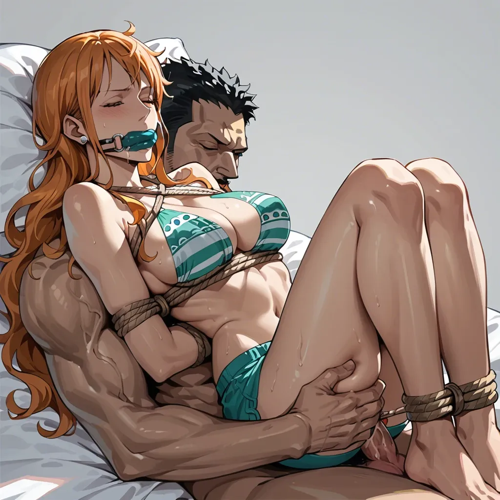 Nami from One Piece, drugged, asleep, carried on fat white man shoulder, tied up with rope, limp, gagged