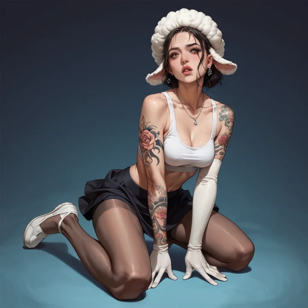 1girl,solo, , , , cute nose,arms tattooed,round boobs,dark background,kneeling facial, skirt lift,pantyhose,long gloves,sports bra,ballet shoes, nightdress,necklace,wool hat,no bra,stiletto heels, shower, gardens, dungeon, robot girl, detailed skins, dark elf, tifa lockhart