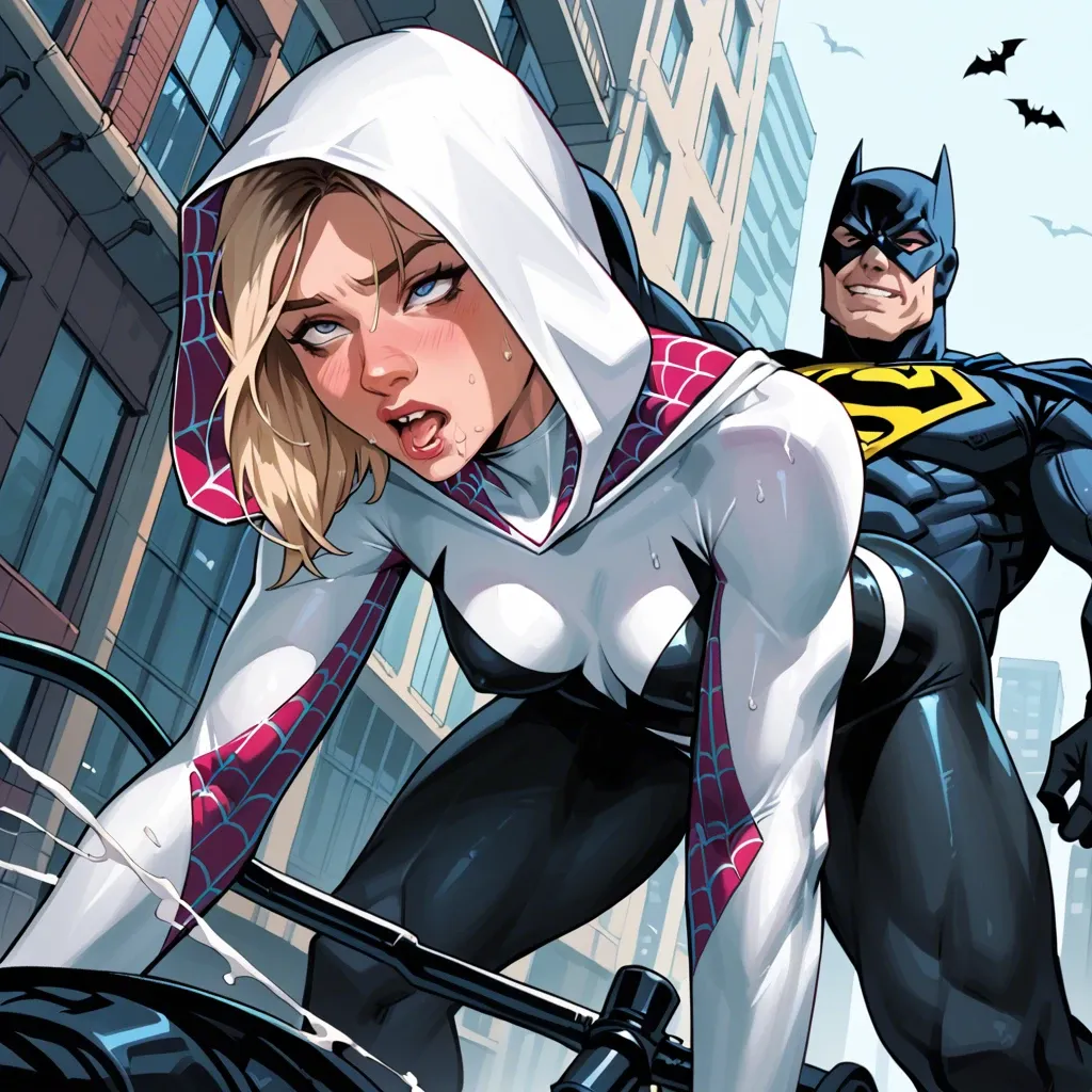 Spider gwen fucked by Superman, on Batman motor bike, hardcore