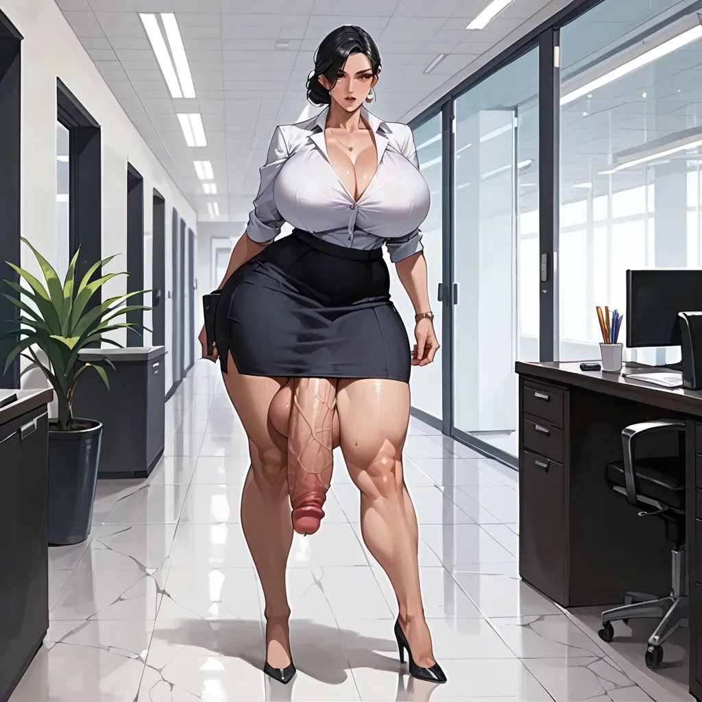 Huge ass, wide hips, thick thighs, massive breasts, breasts bigger than head, milf, black hair, office Lady, skirt, futanari, huge cock, huge balls, flaccid, huge bulge, walking through office, full body view