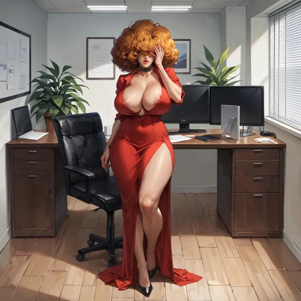 office, Sara Bellum, hair covering face, black collar, red dress, full body, Curvy, Huge Breasts, Breast slip, Thick