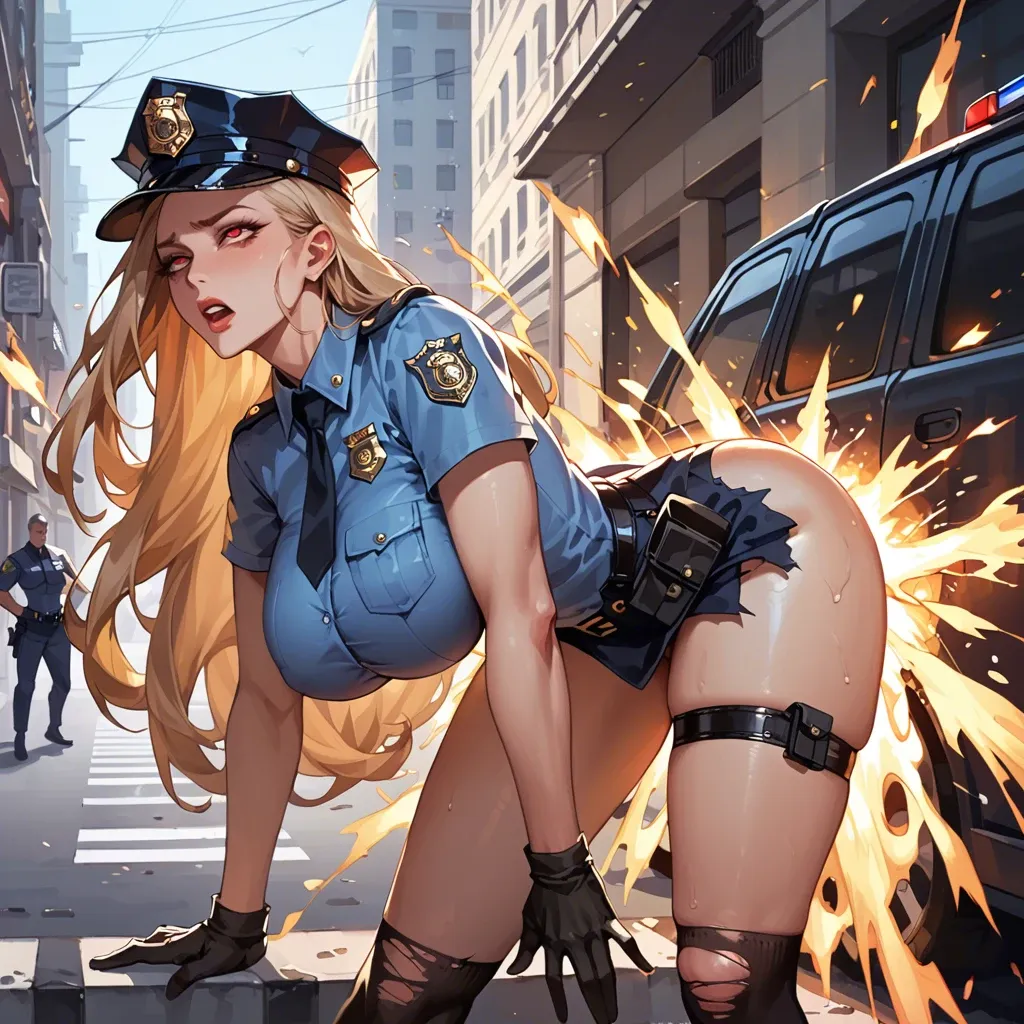 Sexy robot girl human like, big breast, police uniform, explosion in head, sparks and smoke every where, beautiful legs, long socks, bent over, torn clothes, street, in public, red eyes, rolling eyes