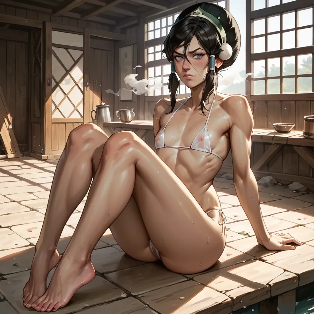 2 girls, Toph beifong from avatar, korra, flat chested, white micro bikini, steam house, wooden, sexy legs, sexy feet, teasing,