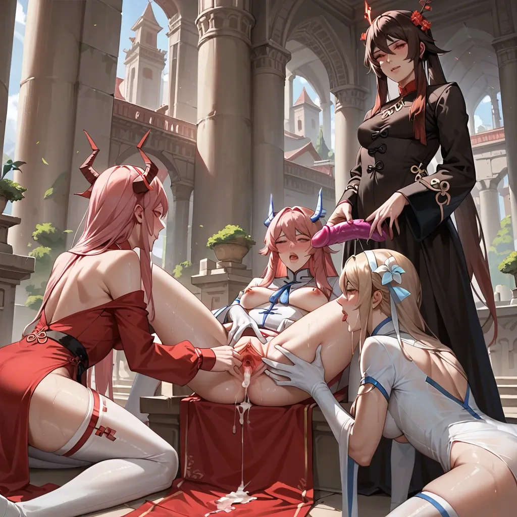 Zero Two, clones, 3 girls, horns,pink hair, blond hair, Lumine, hu tao, cunilingus, sex, temple, spread pussy,priestesses' attire, cum, dildo, altar , lust,  wet clothes , ahe-gao, spittle