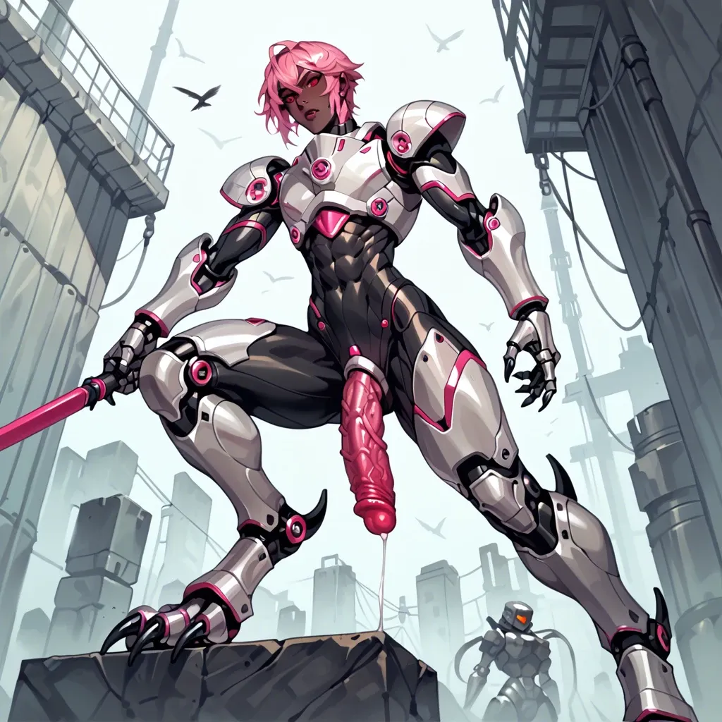 Twink,  femboysolo, pink hair, red eyes, robot, silver metal skin, black metal skin, armoured, muscular, hourglass waist, erect robotic penis, digitigrade legs, bird feet, calm, dominant, from below