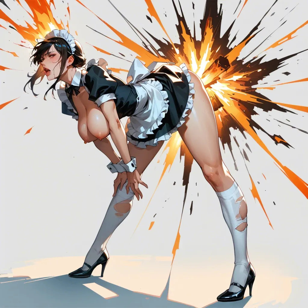 Sexy robot girl human like, big breast, maid uniform, explosion in head, sparks and smoke every where, beautiful legs, long socks, bent over, torn clothes